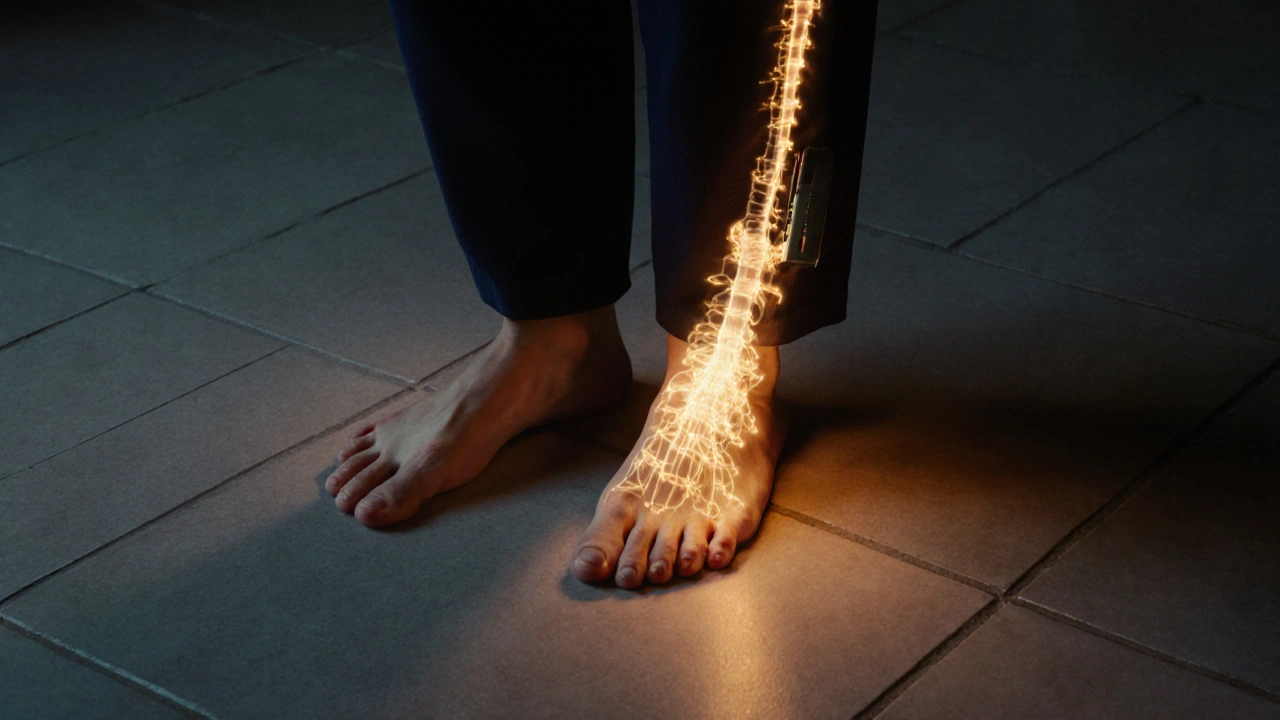 A person standing barefoot, golden light restoring nerve sensation to numb feet via spinal stimulation device.