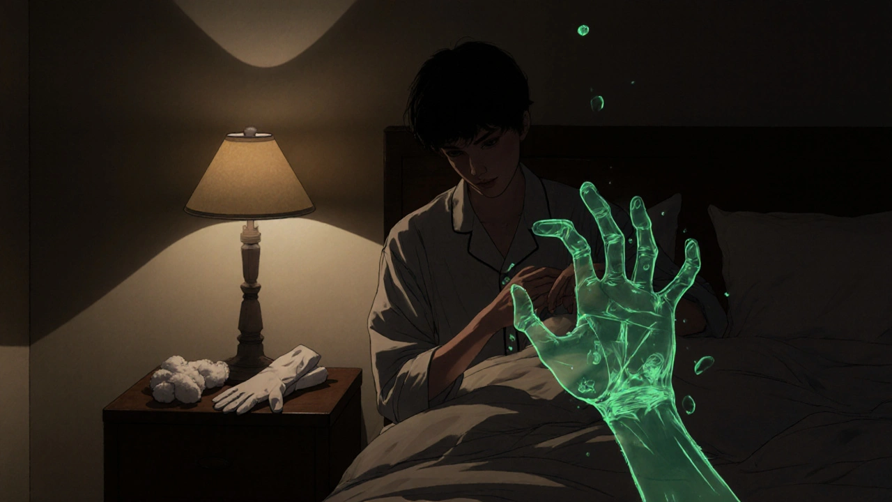 A person tapping itchy skin at night, with bacteria recoiling from a healed barrier, wearing cotton gloves.