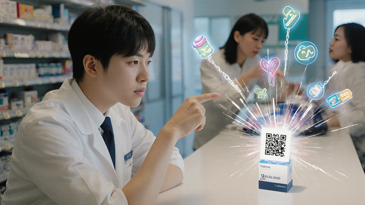 A pharmacist showing a QR code that projects dangerous drug interactions in hologram form.
