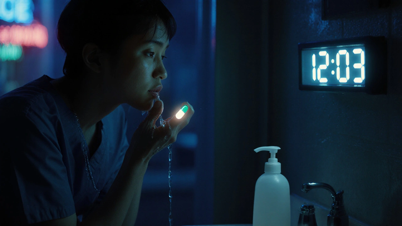 A shift worker taking medicine after washing their face at midnight.