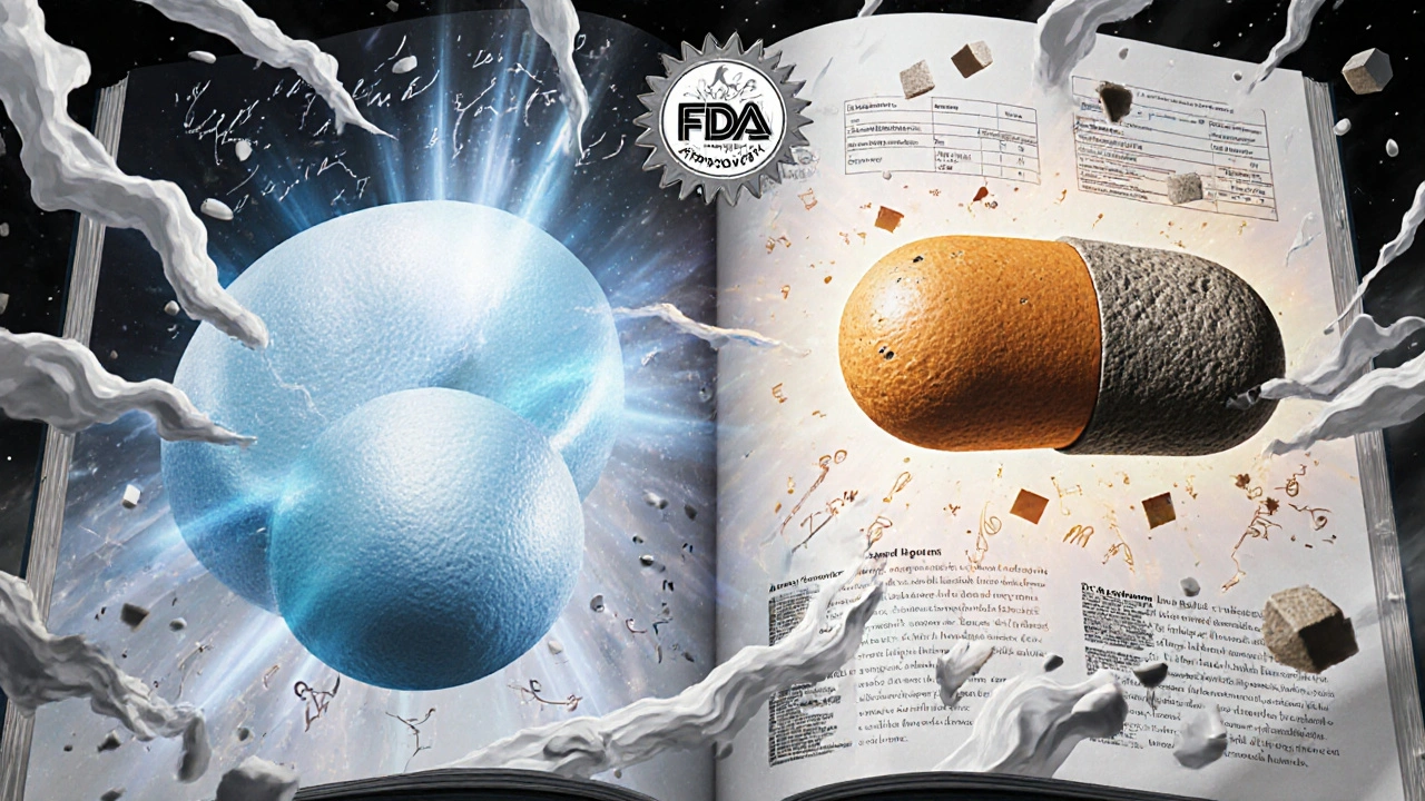 A symbolic battle between brand-name and generic drugs with mathematical models and patient profiles in a storm.