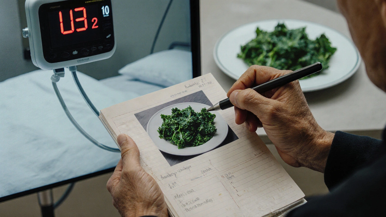 An elderly man holding a smudged food diary, staring at a kale salad photo, with hospital and home scenes behind him.