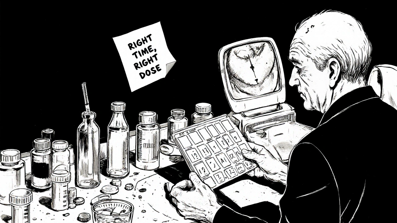 An elderly man uses a pill organizer with medication bottles and a reminder note nearby.