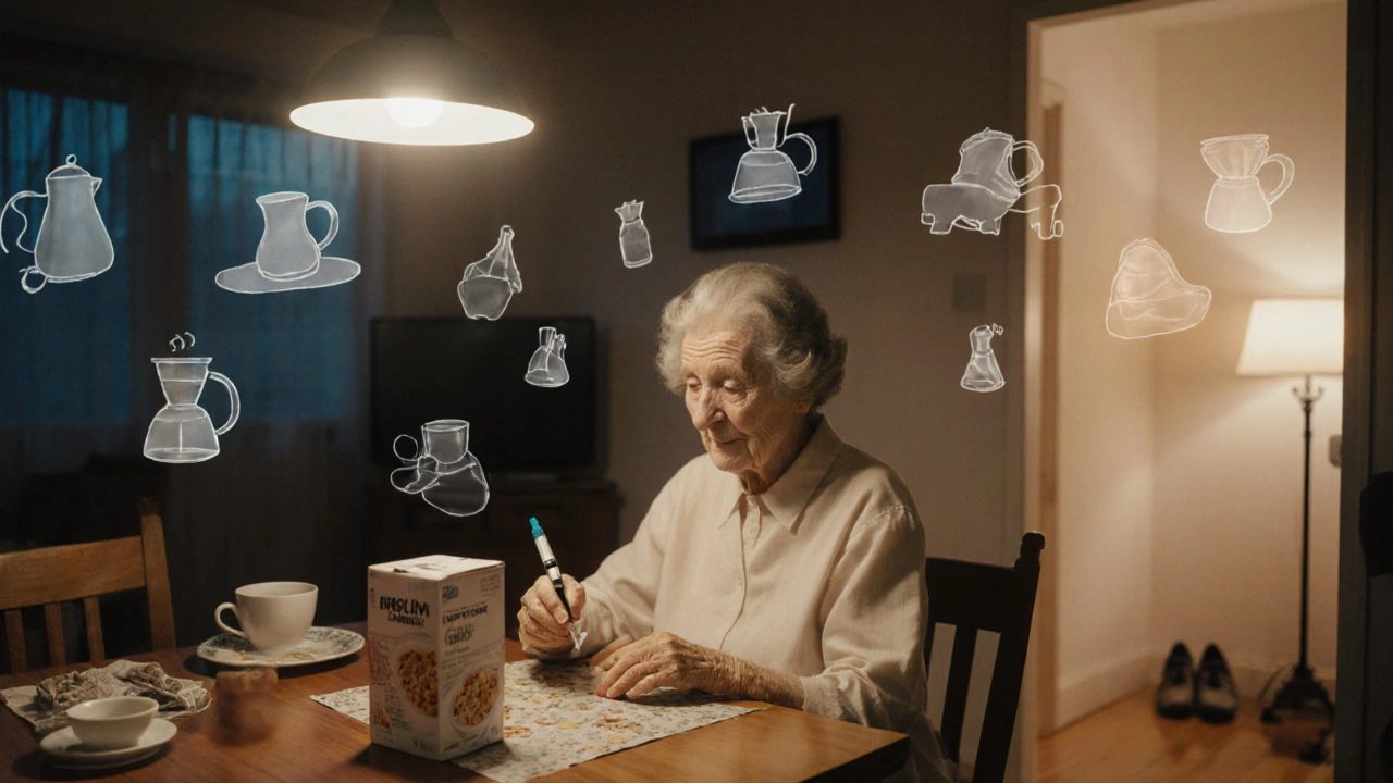 An elderly woman reaching for insulin next to her cereal box at night.