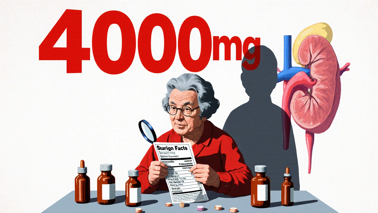 An elderly woman reading a tiny drug label as a toxic dosage number looms above her.