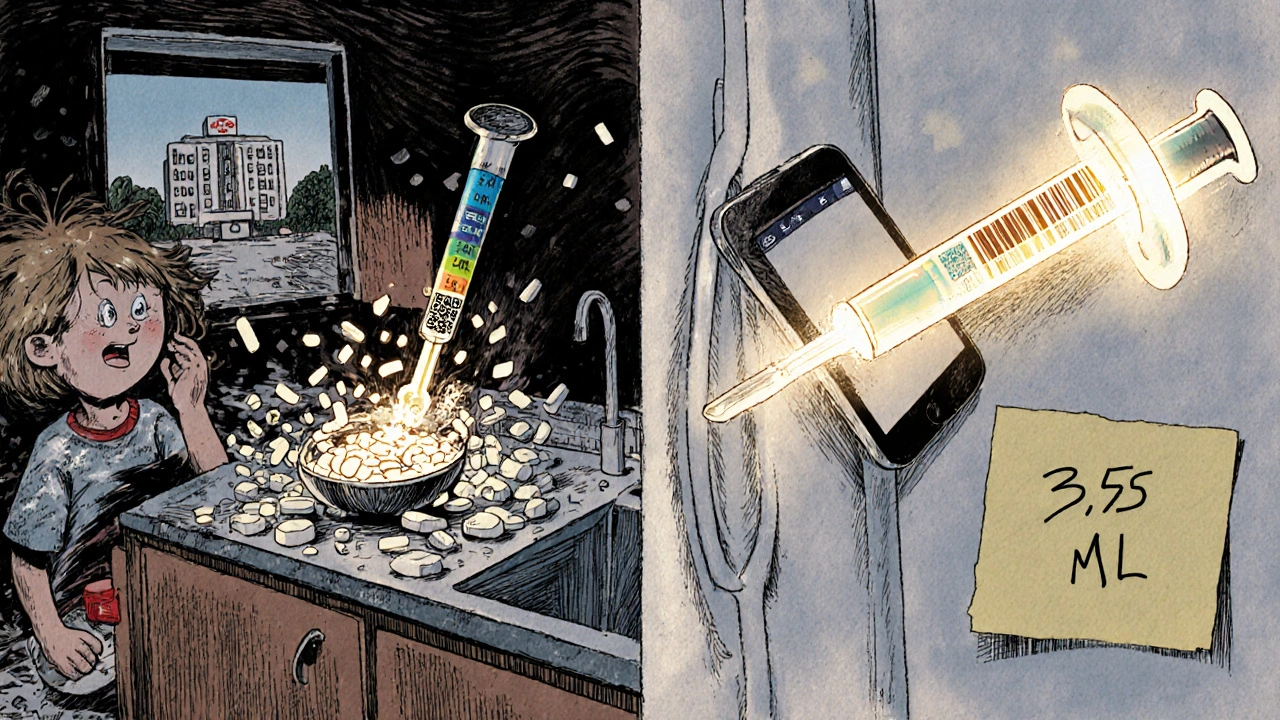 Contrast of dangerous kitchen spoon vs safe oral syringe with QR code and label