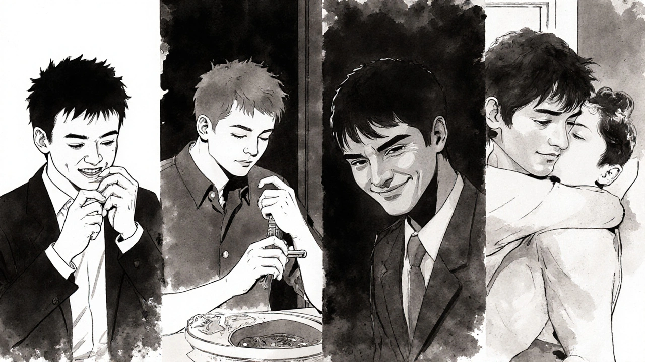 Four men in different ED treatment scenarios: Viagra, vacuum pump, injection, intimacy