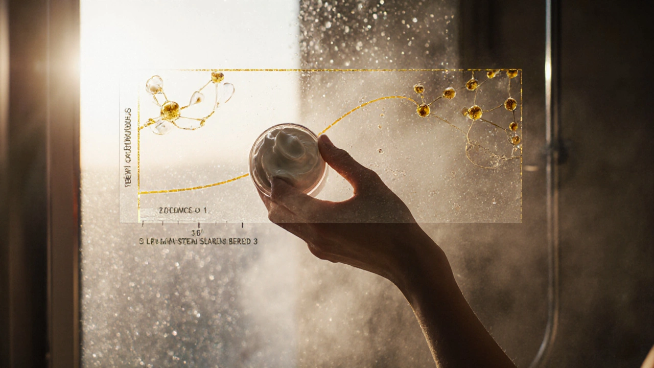 Hand applying ceramide cream after a shower, with visual representation of moisture loss decreasing.