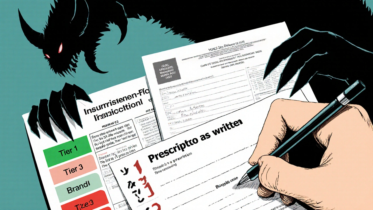 Hand signing prescription with insurance drug tiers looming in background.