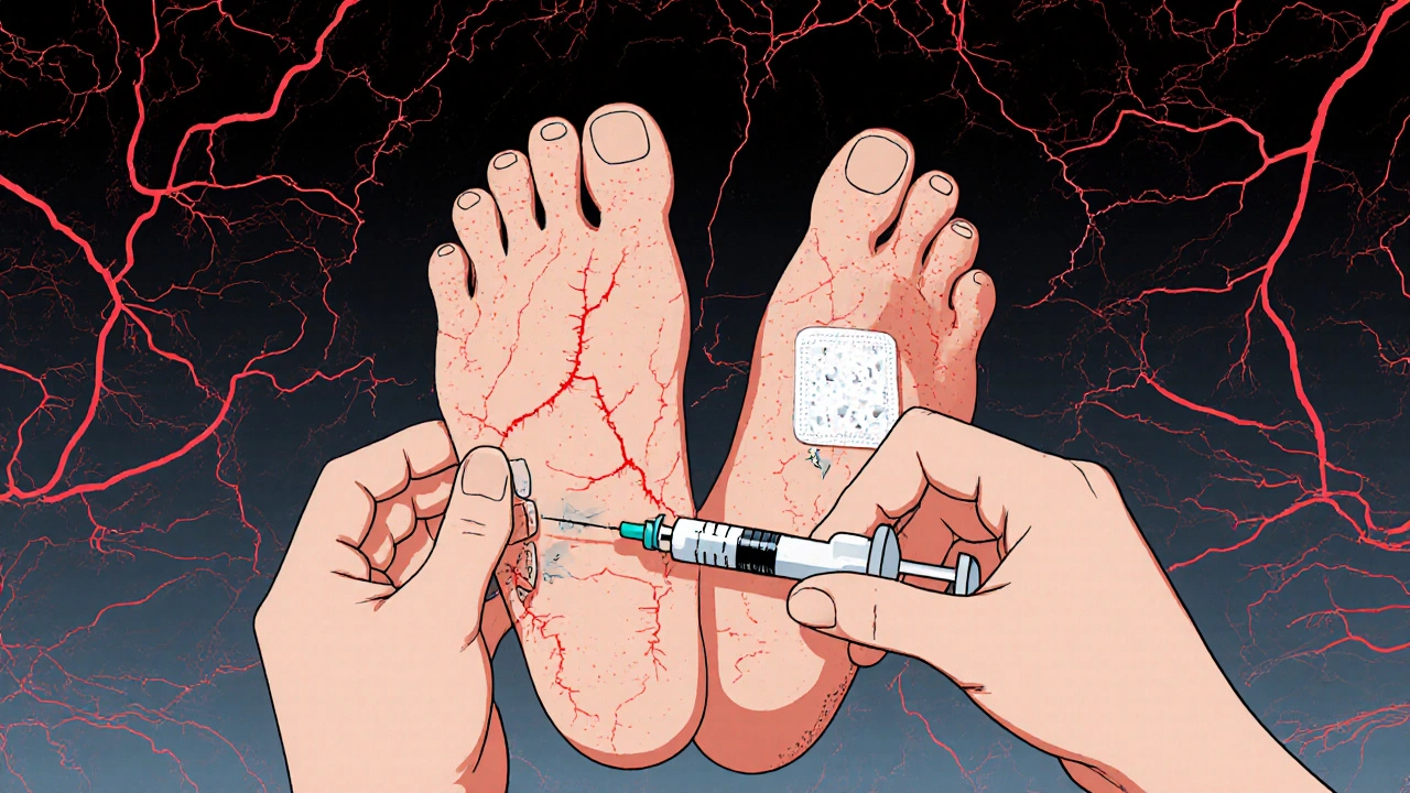 Hands applying insulin and a capsaicin patch, with surreal broken blood vessels in the background.