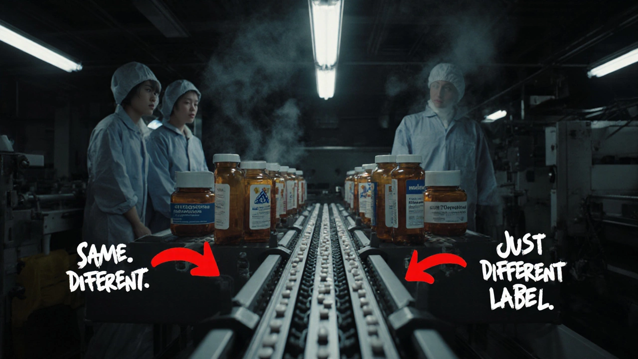 Identical pills on a factory conveyor belt, labeled differently, under harsh factory lights.