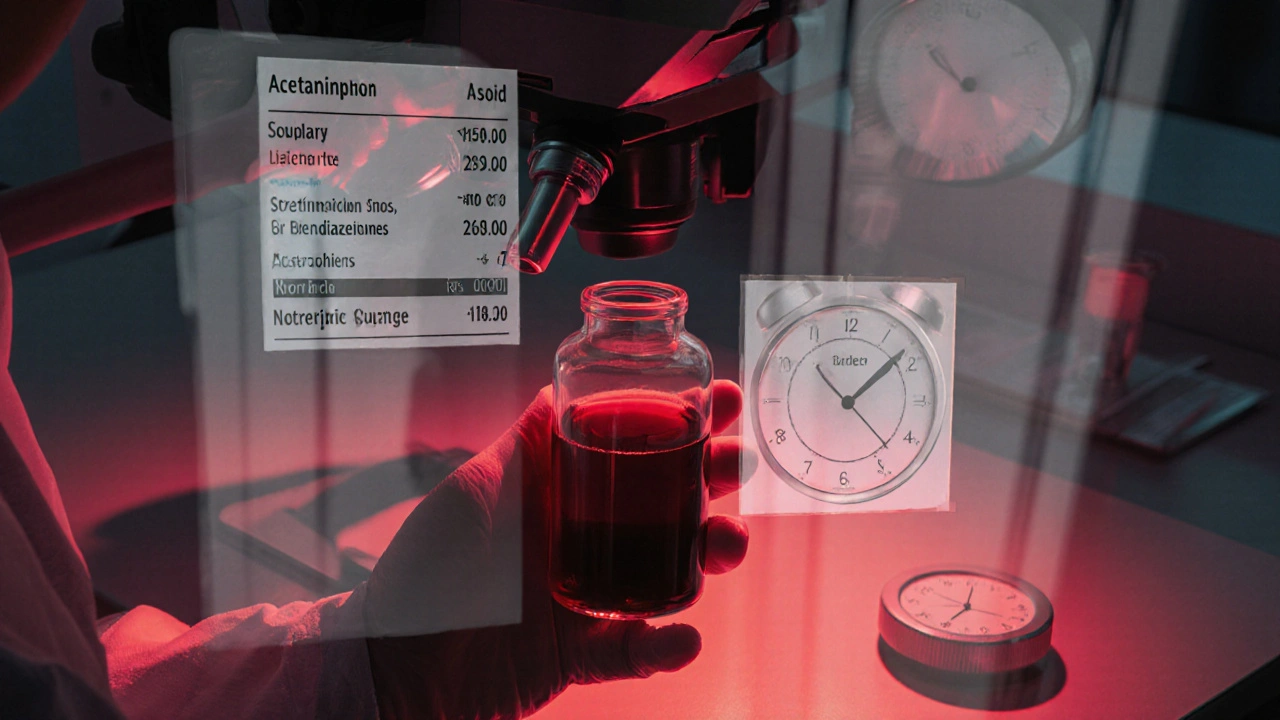 Lab technician analyzing blood sample with toxicology readings floating in background