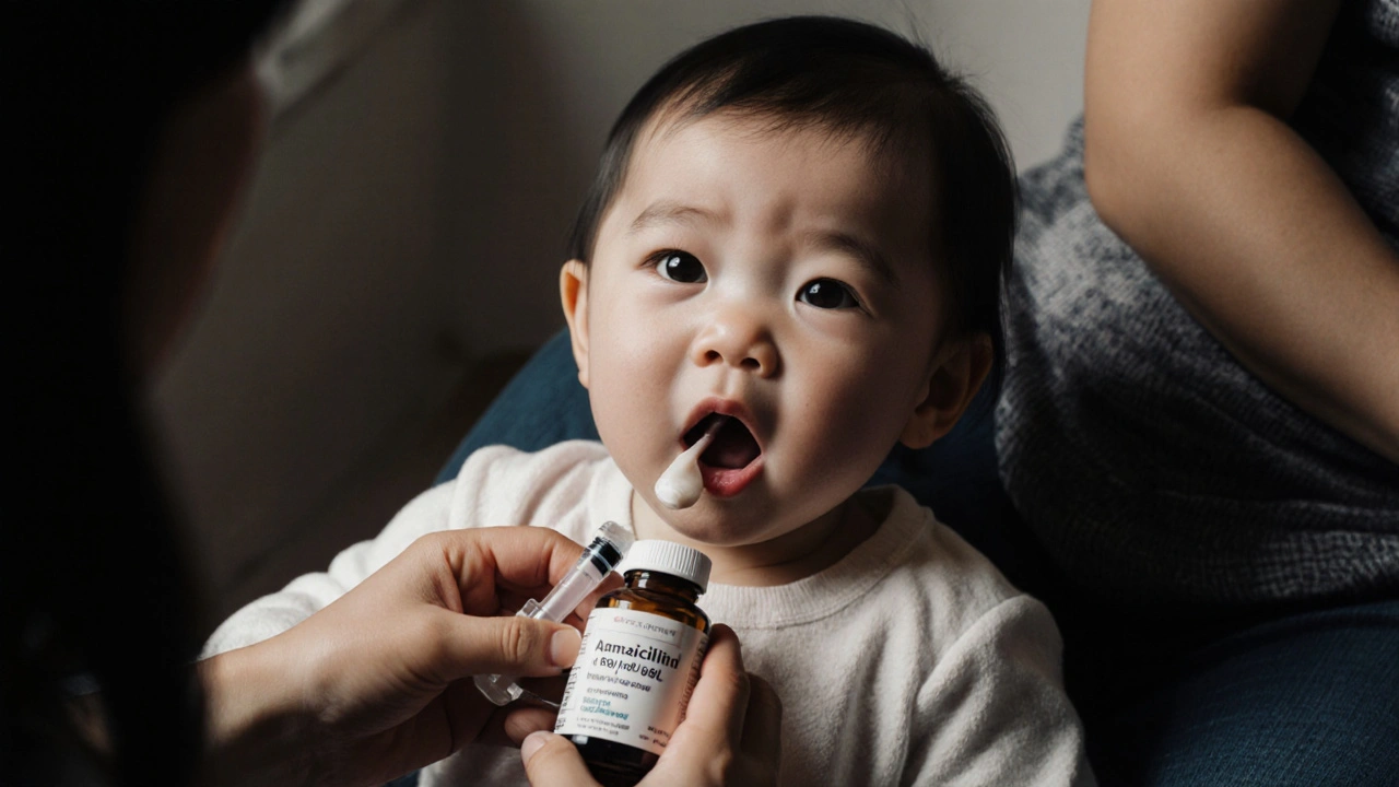 Parent giving liquid medicine to child using oral syringe between cheek and gum