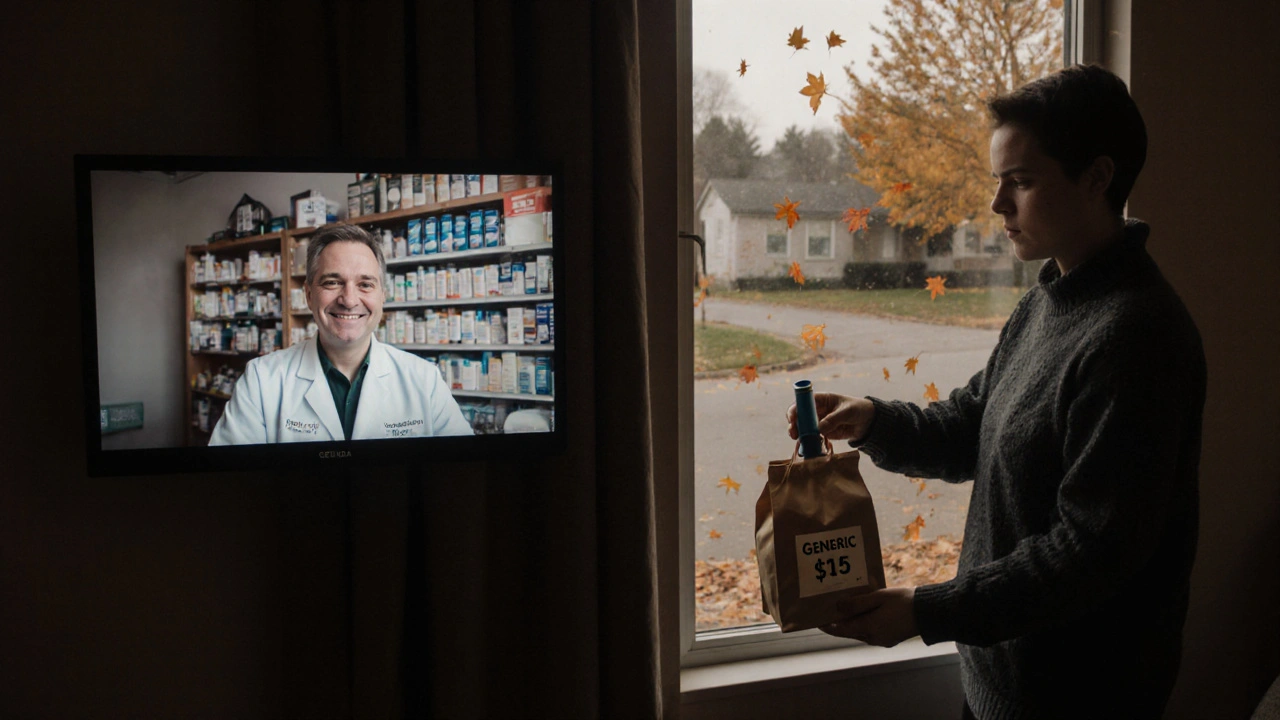 Patient receives generic medication via telehealth, smiling as they pick up affordable inhaler in quiet neighborhood.