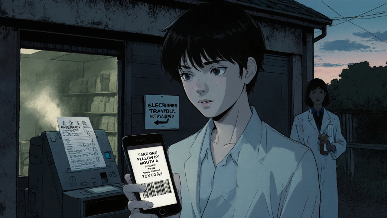 Patient using smartphone to read plain-language instructions outside a rural pharmacy with no electronic transfer.
