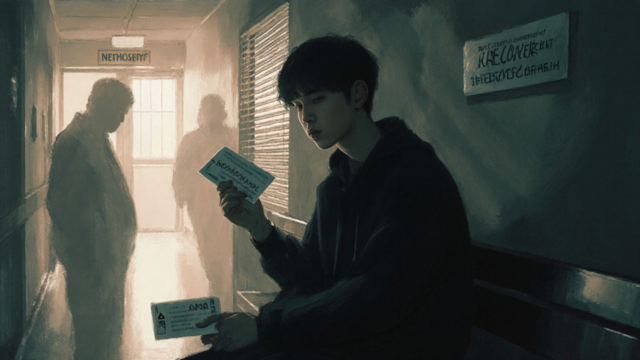 Person holding naloxone and therapy card in hospital corridor at dawn