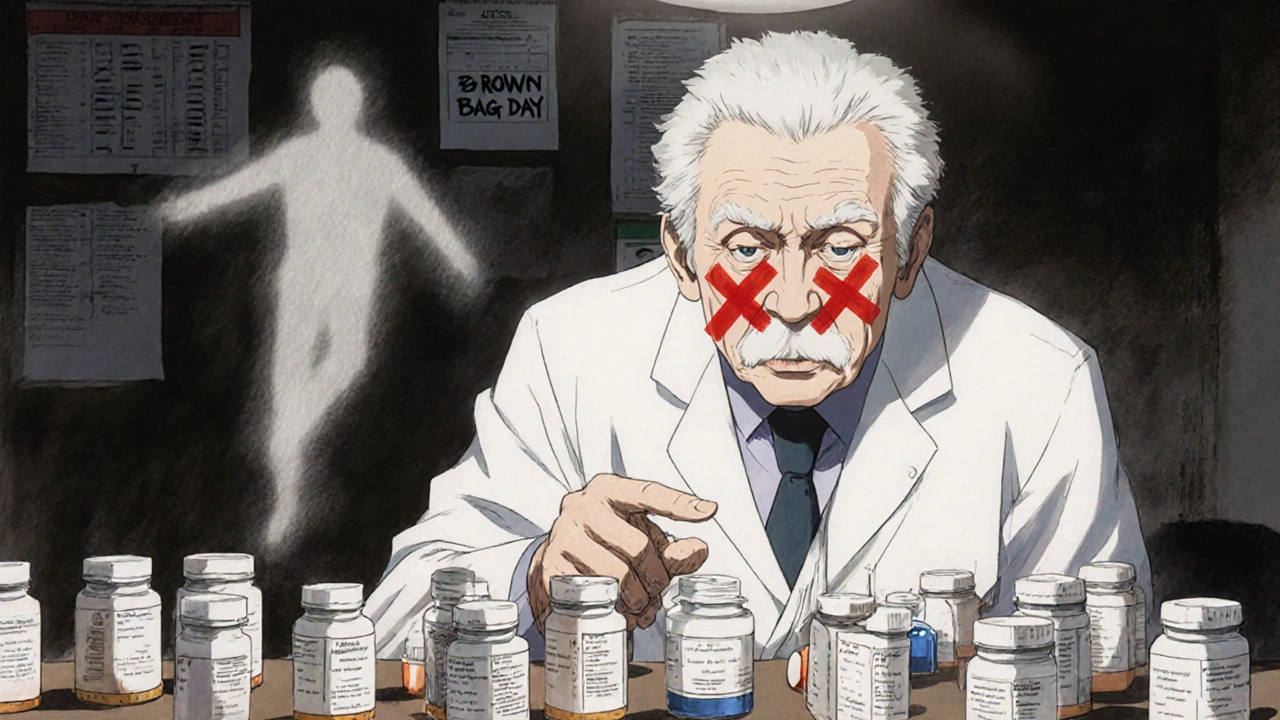 Pharmacist and elderly man reviewing medication bottles at a clinic table, with a red X over duplicate pills.