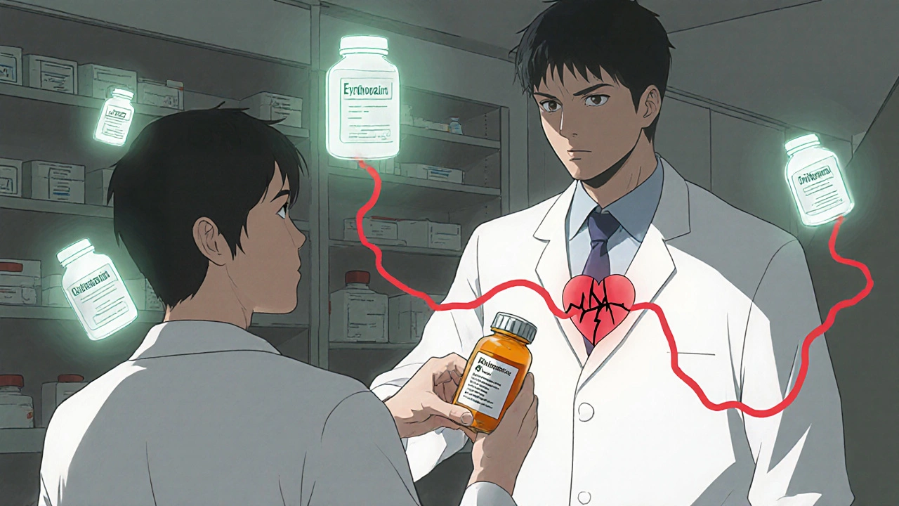 Pharmacist giving medication to patient while ghostly drug icons emit red tendrils toward a pulsing, cracked heart symbol.