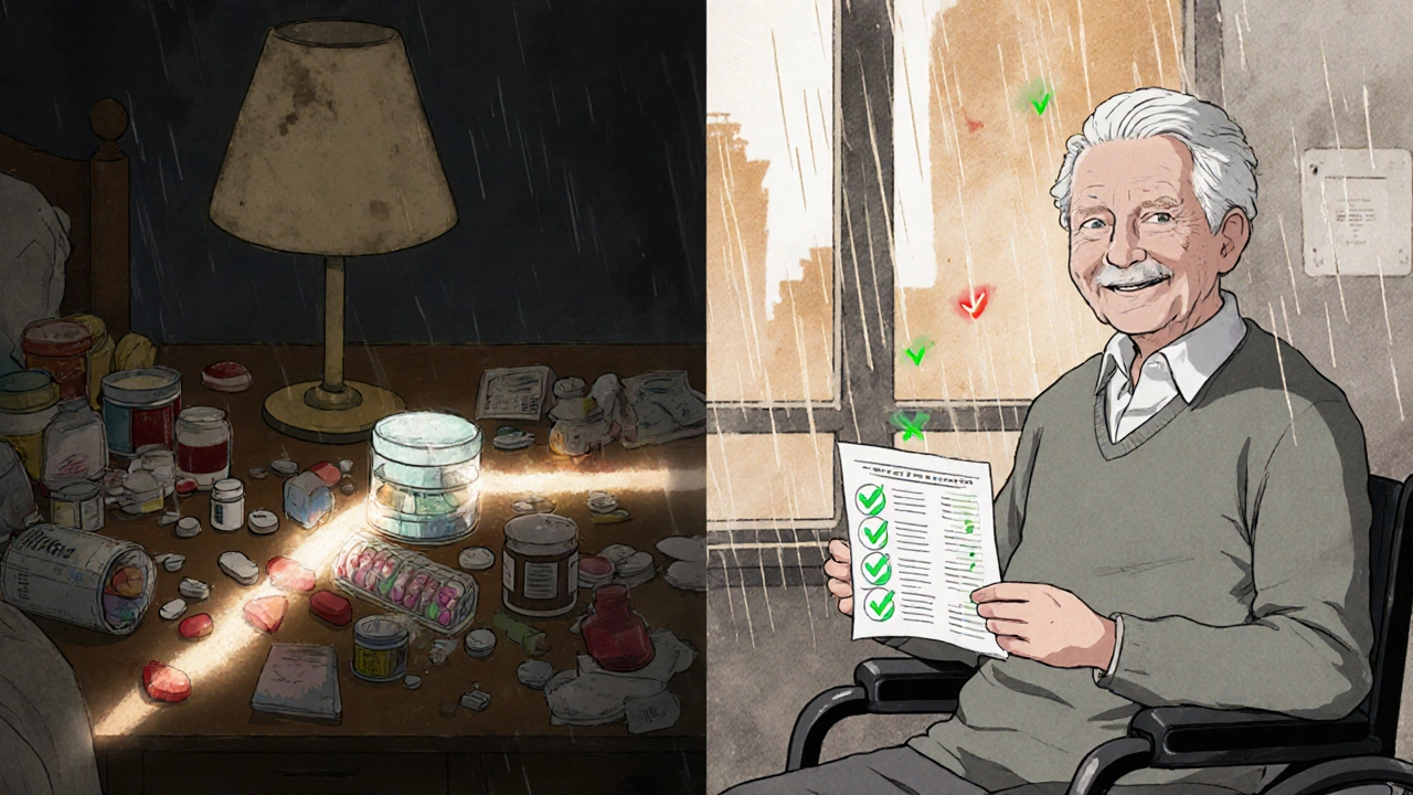 Split image: cluttered nightstand with old meds on one side, peaceful senior with pill organizer on the other.