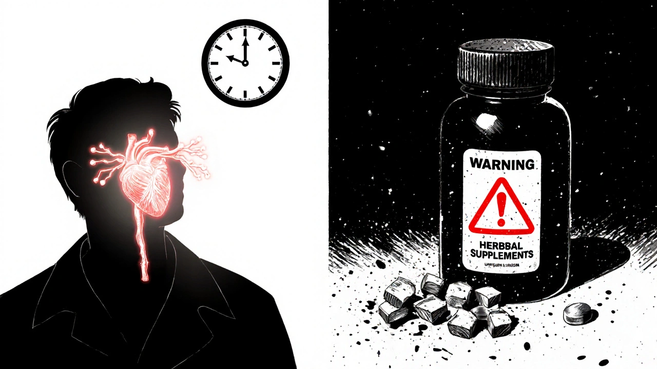 Split-panel symbolizing tadalafil's benefits versus risky supplements and counterfeit pills