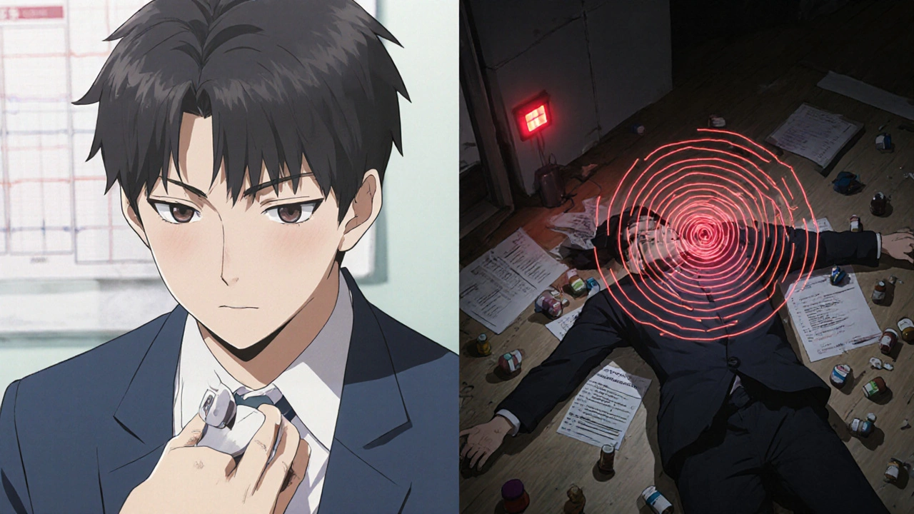 Split scene: calm ECG appointment on left, patient collapsing at home with spiraling heart rhythm on right.