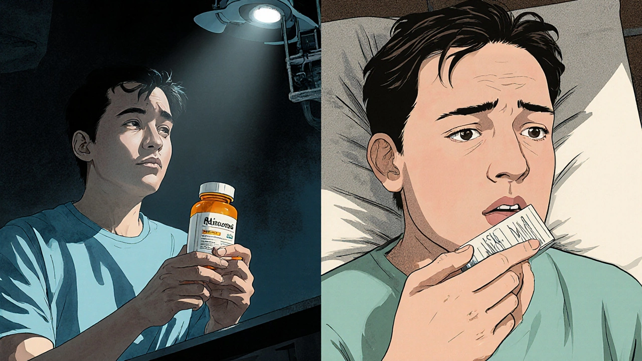 Split scene of patient suffering before and after switching to generic medication.