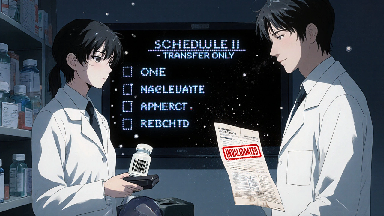 Two pharmacists verifying a Schedule II transfer with DEA rules displayed on a monitor.