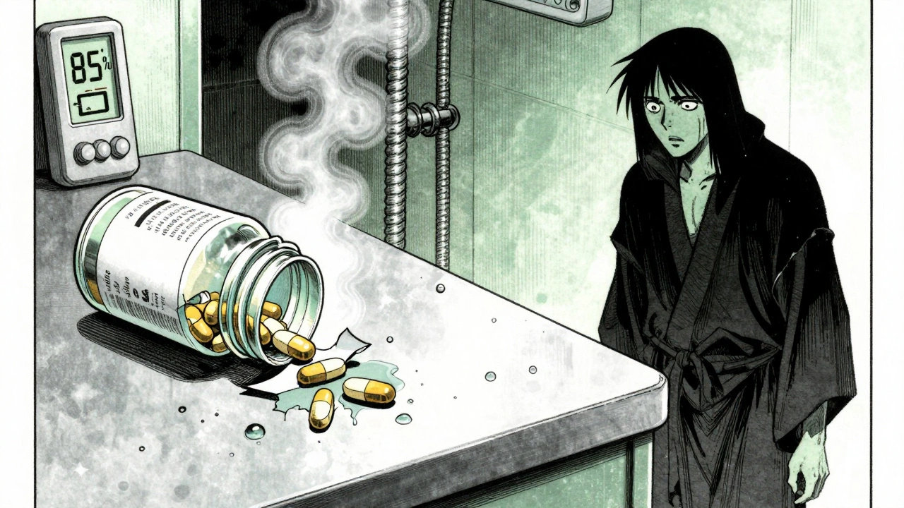 A damp kitchen counter with spilled aspirin pills and steam from a shower, humidity at 85%, a person staring in horror at the degraded medication.