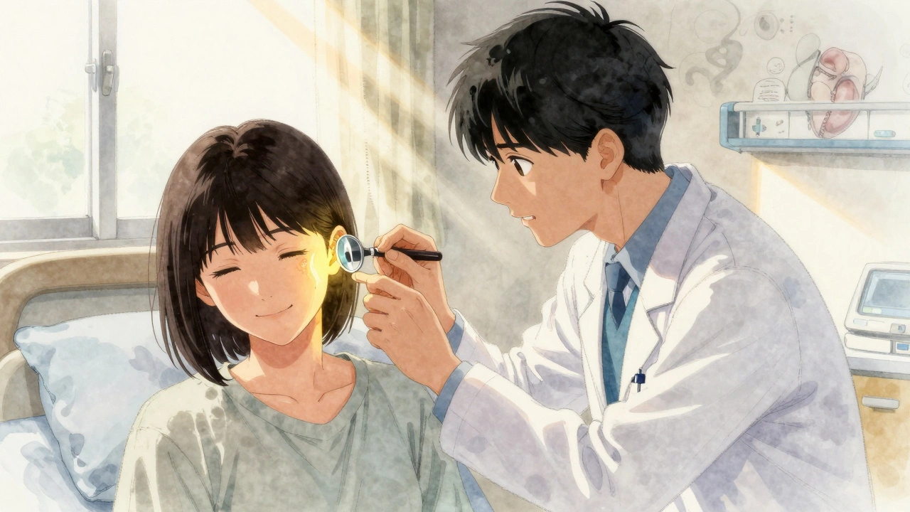 A doctor examining a healed eardrum at dawn, sunlight streaming in as the patient smiles with quiet relief.