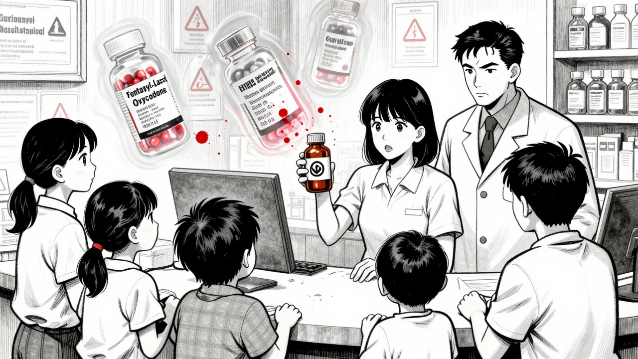 A family at a pharmacy counter holding a counterfeit pill bottle, ghostly images of dangerous fake drugs swirling around them in a dark, high-contrast scene.