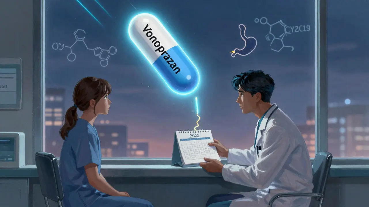 A glowing new pill called Vonoprazan descends as a doctor and patient discuss treatment, with heart and stomach icons linked by light.