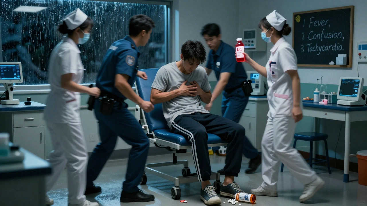 A man in emergency room with locked muscles, paramedics rushing him as a blood test glows red and a metoclopramide bottle lies broken.