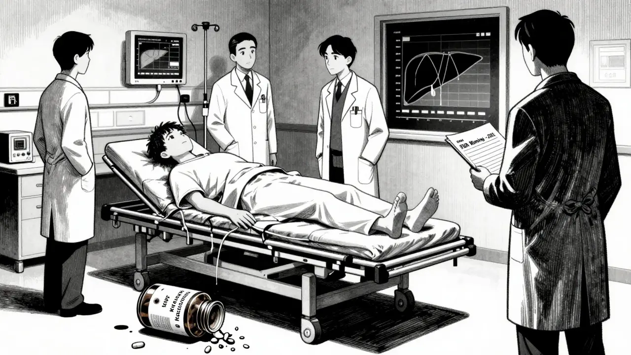 A patient in an emergency room with liver damage, a spilled kava bottle revealing hidden drugs on the floor.