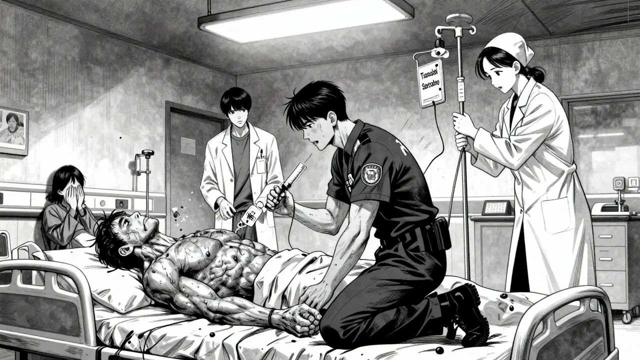 A patient in severe muscle rigidity in an ER, doctors rushing to administer antidote as opioid and antidepressant bottles lie nearby.