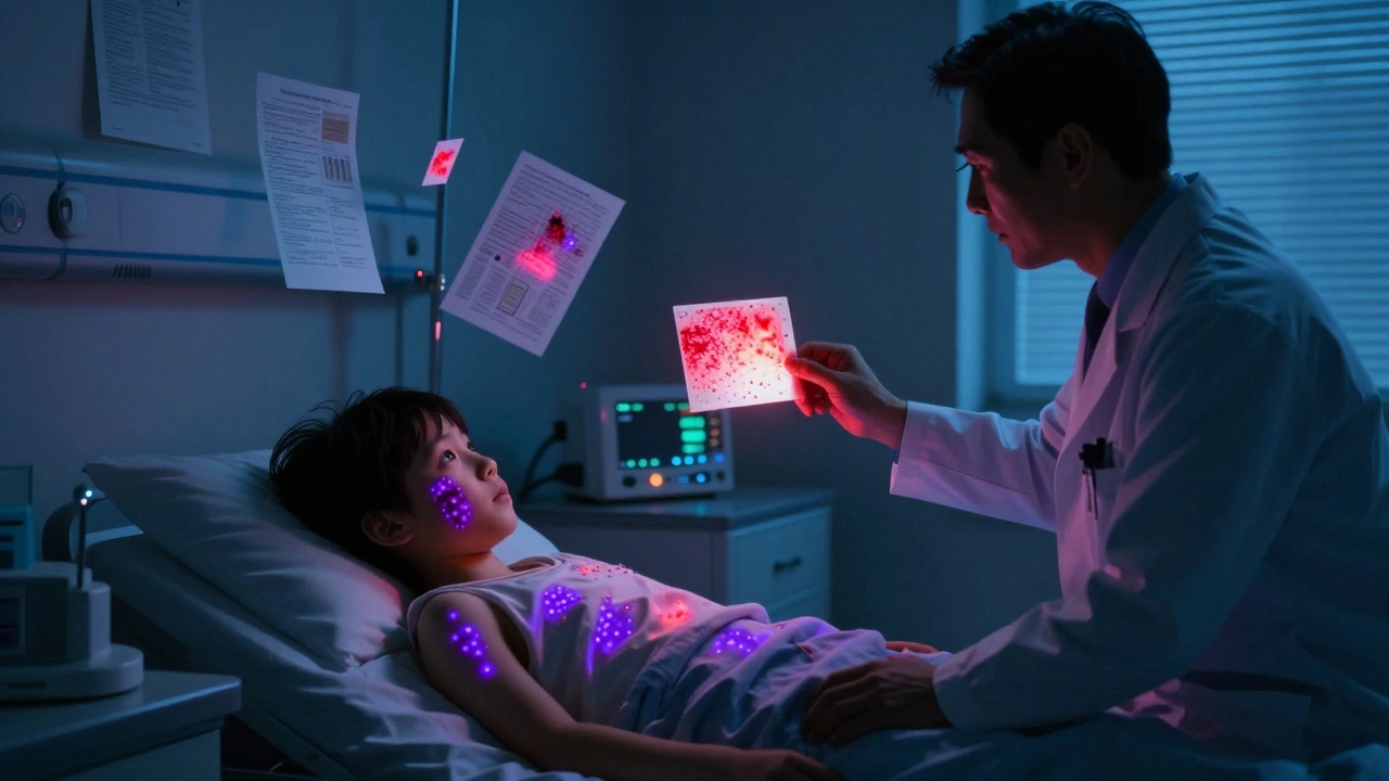A patient with glowing purple skin spots in a dim hospital room, holding a glowing biopsy slide.