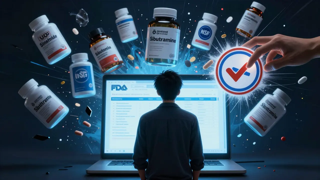 A person checking FDA warnings on a laptop, surrounded by exploding supplement bottles, one glowing with a safety seal.