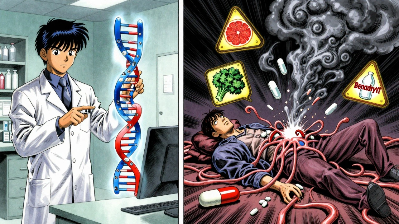 A pharmacist explaining genetic drug metabolism, with a patient collapsing from morphine overload triggered by codeine.
