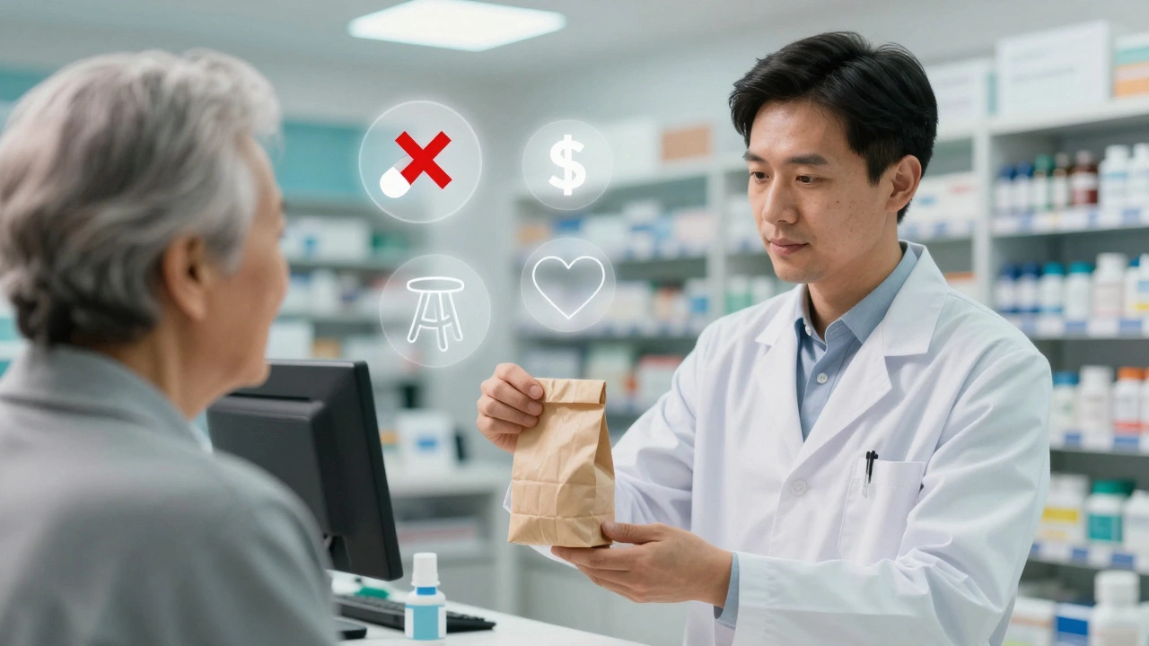 A pharmacist handing ezetimibe to an elderly patient, with symbolic icons fading in background.