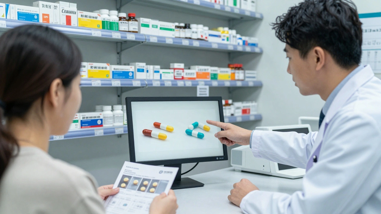 A pharmacist shows a patient digital images of pills while the patient holds a printed photo of their medication.