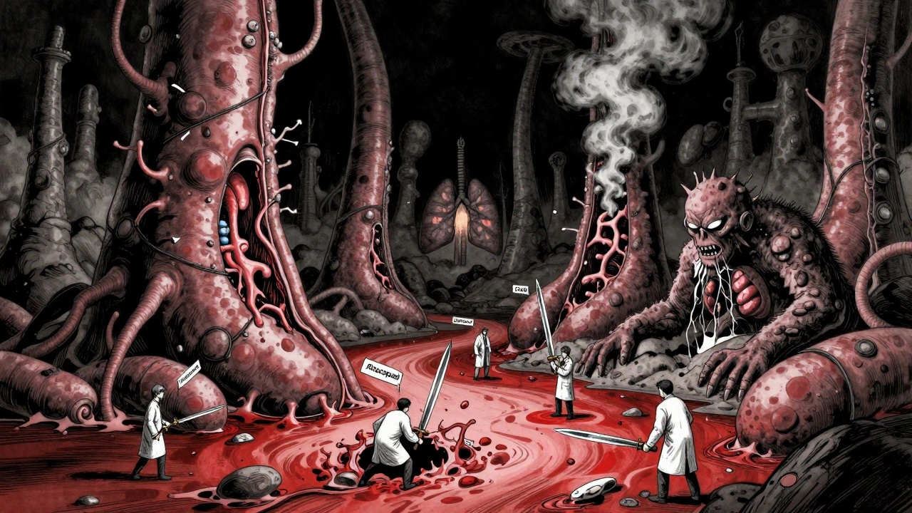 A surreal internal battlefield where doctors fight aneurysms and inflammation monsters.