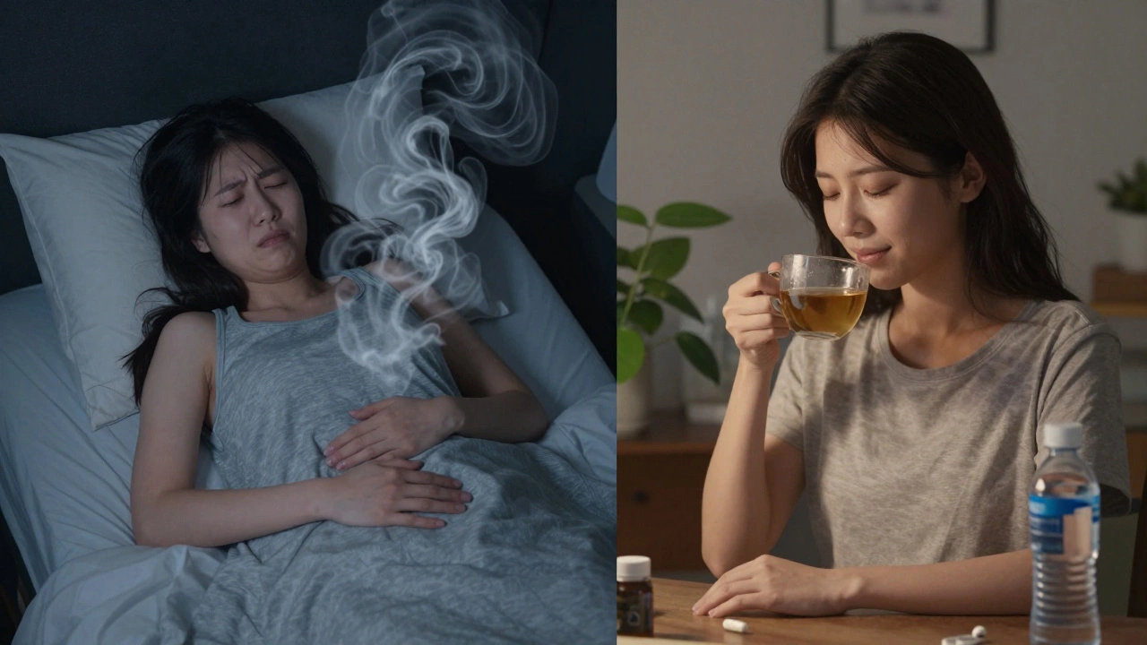 A woman transitioning from stomach discomfort to calm, with probiotic and water nearby.