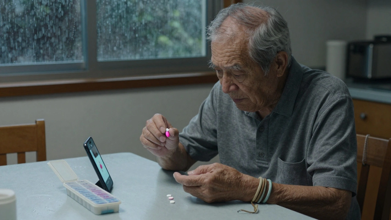 An elderly man compares two pills at a kitchen table, a photo of the original pill glowing beside him.