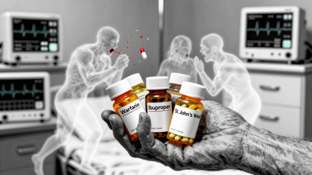 An elderly person surrounded by pill bottles as ghostly drug interactions loom, with a flatlining monitor in the background.