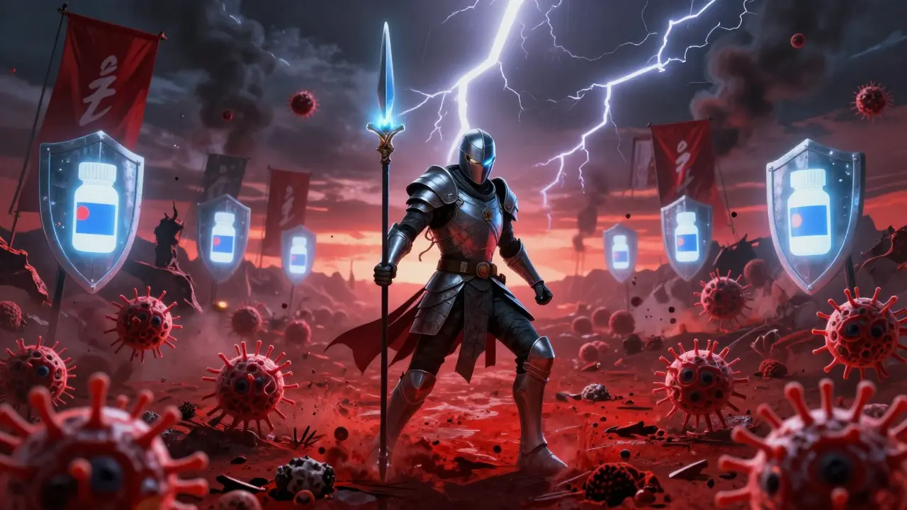 Armored T-cell warrior fighting cancer cells in a surreal battlefield