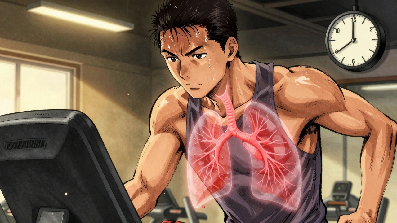 Athlete on treadmill during warm-up, bronchial tubes glowing as they relax, gym lighting casting warm tones.