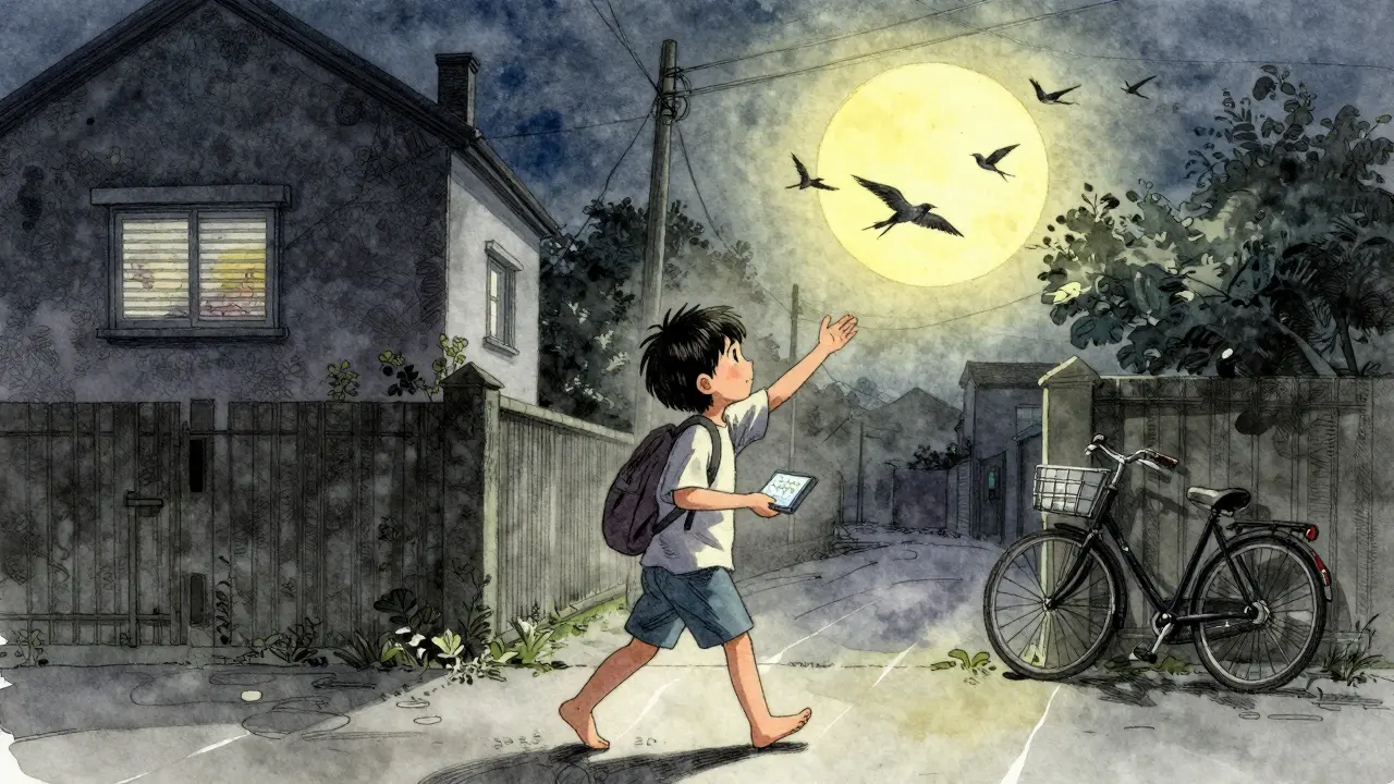 Child walking at dawn holding melatonin tablet, reaching toward sunrise, quiet neighborhood behind.