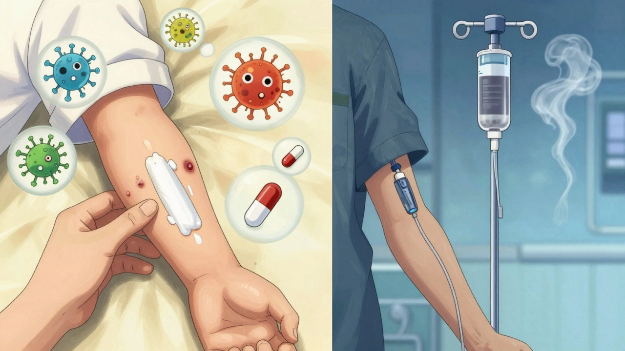 Contrasting treatments for impetigo and cellulitis: topical cream vs. IV antibiotic.
