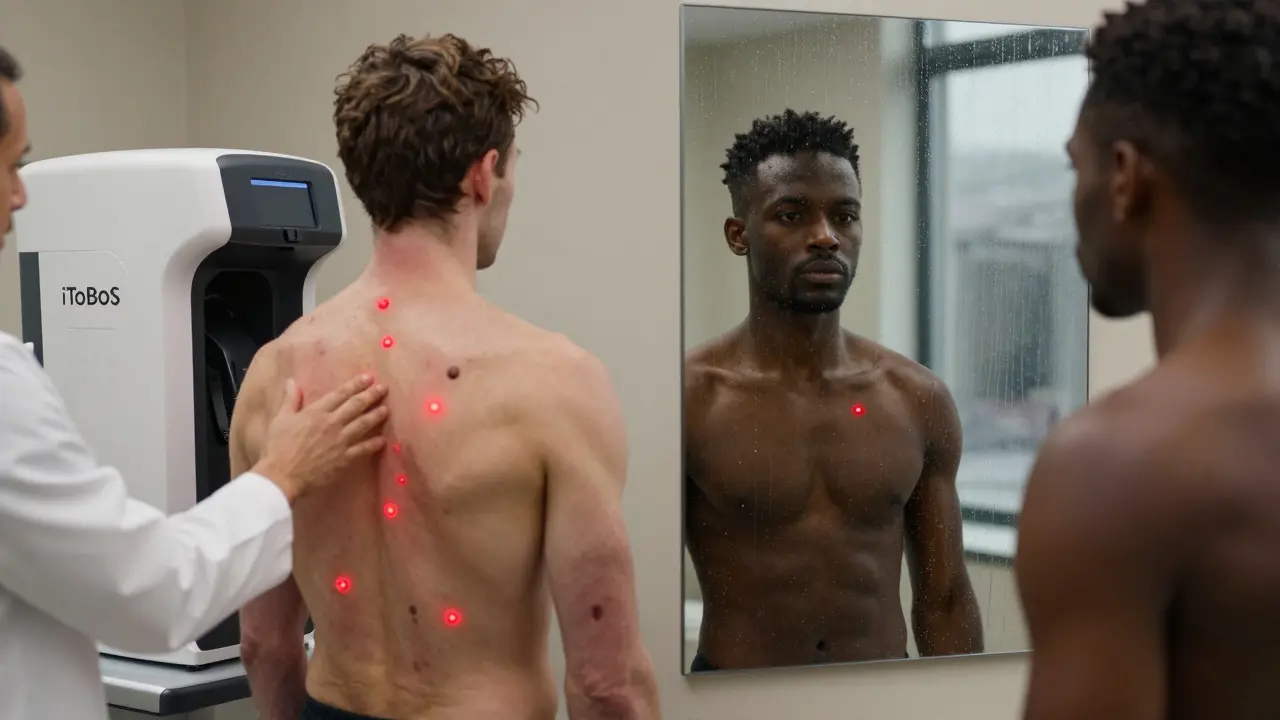 Dermatologist scanning patient's back with AI system, patient staring in mirror