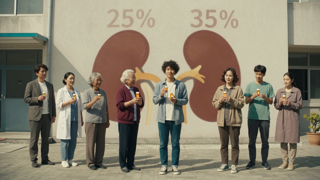 Diverse patients in a clinic courtyard, their shadows forming hearts and kidneys, symbolizing organ protection.