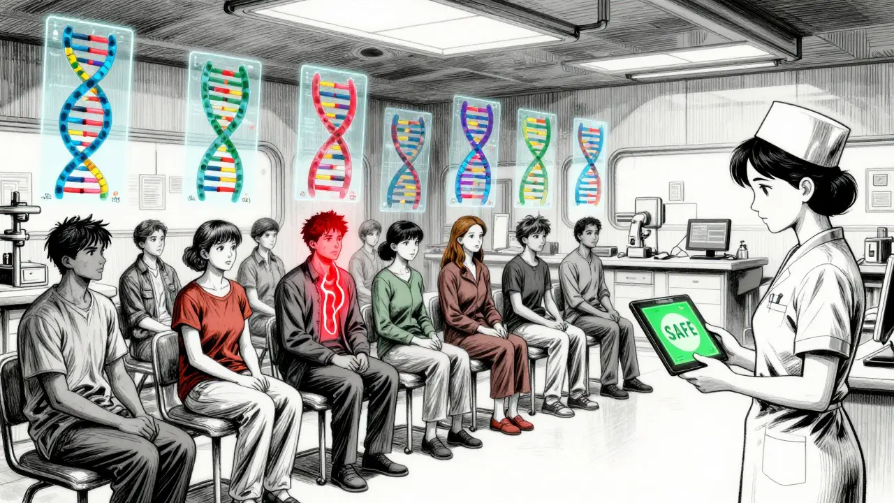 Diverse patients with holographic DNA strands in clinic, one glowing red for risk.